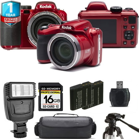 Kodak PIXPRO AZ421 Digital Camera (Red) + Extra Battery + Flash+ 1 Yr Warranty