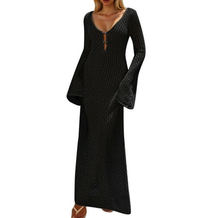 JIANJIA Summer Dresses for Women Solid Color V Neck Long Sleeve Knit Hollow Out Beach Swim Cover Up A Line Sexy Bodycon Maxi Dress Outwear Black M