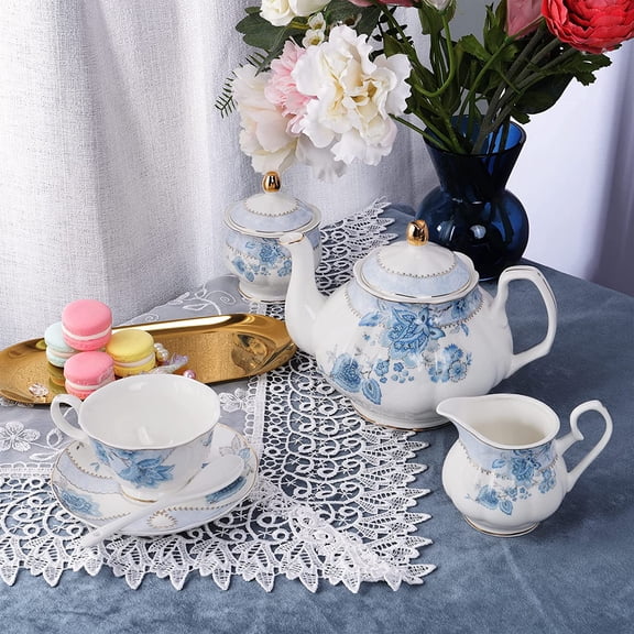 Fanquare Blue Flowers Porcelain Tea Set, Tea Cup and Saucer Set Service for 6, Wedding Tea Set with Sugar Bowl Cream Pitcher, Floral Coffee Set for Tea Party