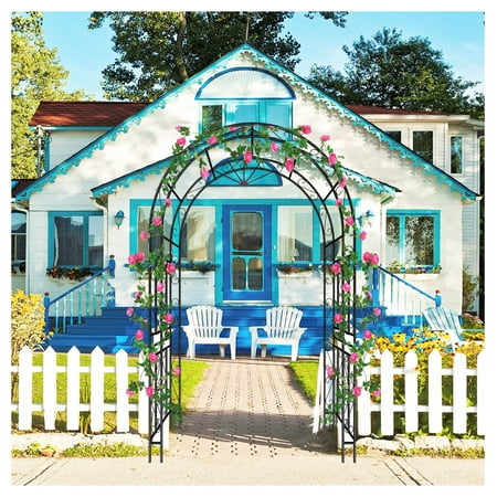 YIJ2 Garden Arch Arbor, Heavy Duty Metal Arbour Archway, Decorative Frame Stand Trellis with 7 Inch Ground Stakes for Wedding Ceremony Party Plant Climbing Rose Vines Lawn Courtyard Patio Black