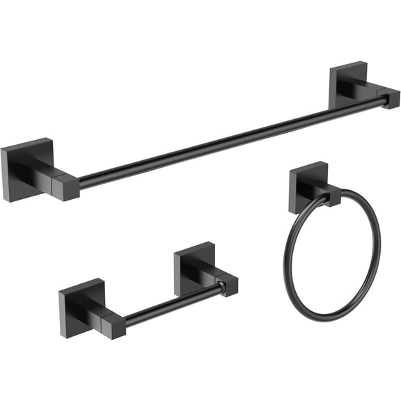 RUACQ Bathroom Accessories, 3-Piece Bathroom Hardware Set, Matte Black, 18" Towel Bar & Toilet Paper Holder & Towel Ring
