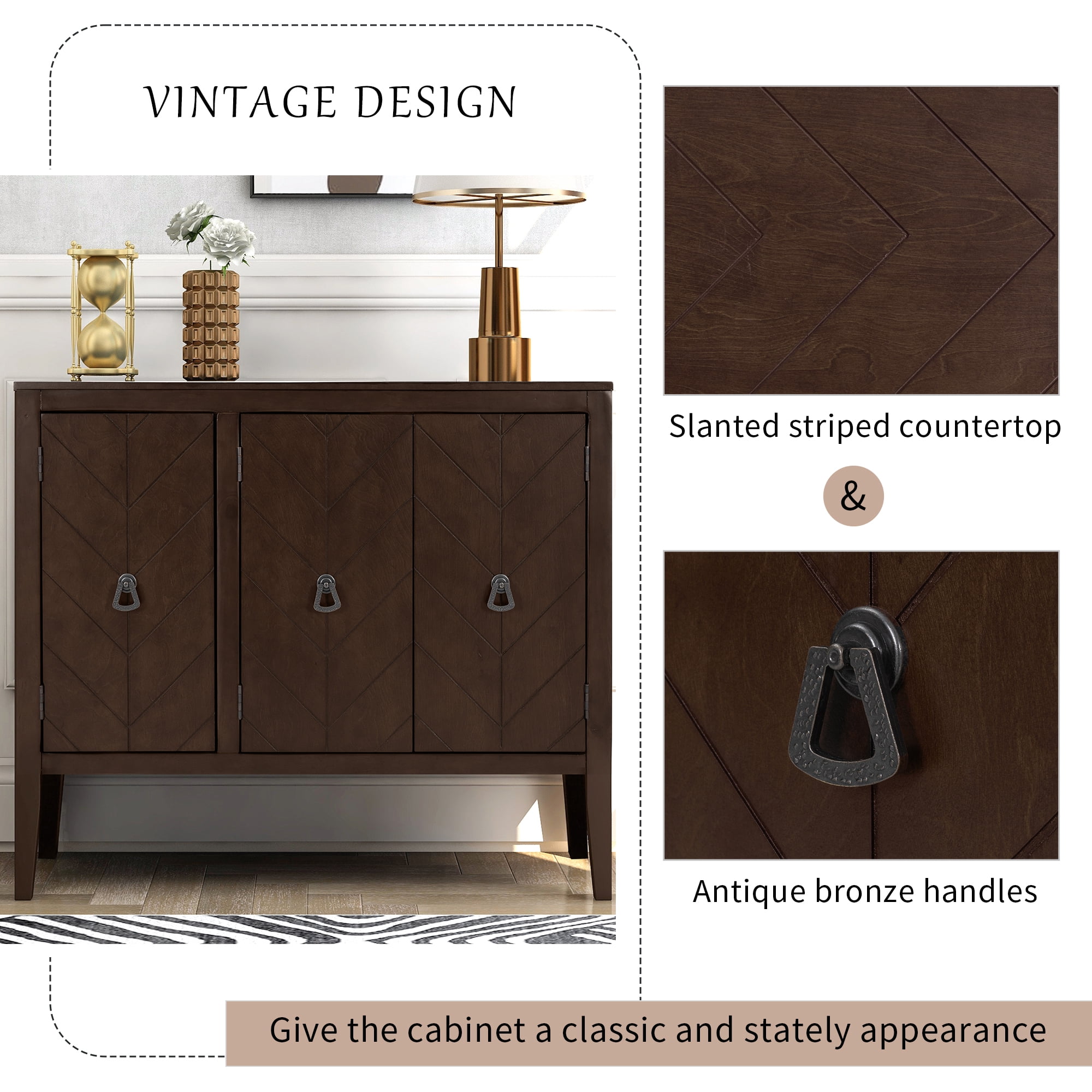 Euroco 37" Sideboard Buffet Cabinet,Wood Retro Storage Cabinet with Adjustable Shelf and 3 Doors for Kitchen Living Room,Brown