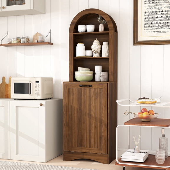 Oubayajia 13 Gallon Tilt Out Trash Can Cabinet with 3-Tier Shelf, Hidden Garbage Can Cabinet for Kitchen and Dining Room, Tall 63 In, Walnut