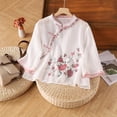thumbnail image 2 of Womens Blouses Womens Retro Placket Frog Button Cotton Linen Top 3/4 Sleeve Embroidered Trendy Summer Casual Womens T Shirts, 2 of 4