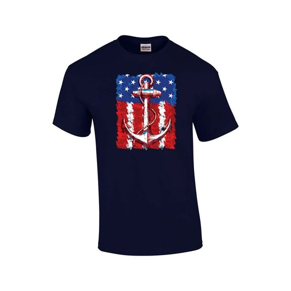 American Flag with Anchor Adult Short Sleeve T-shirt-Navy-5Xl