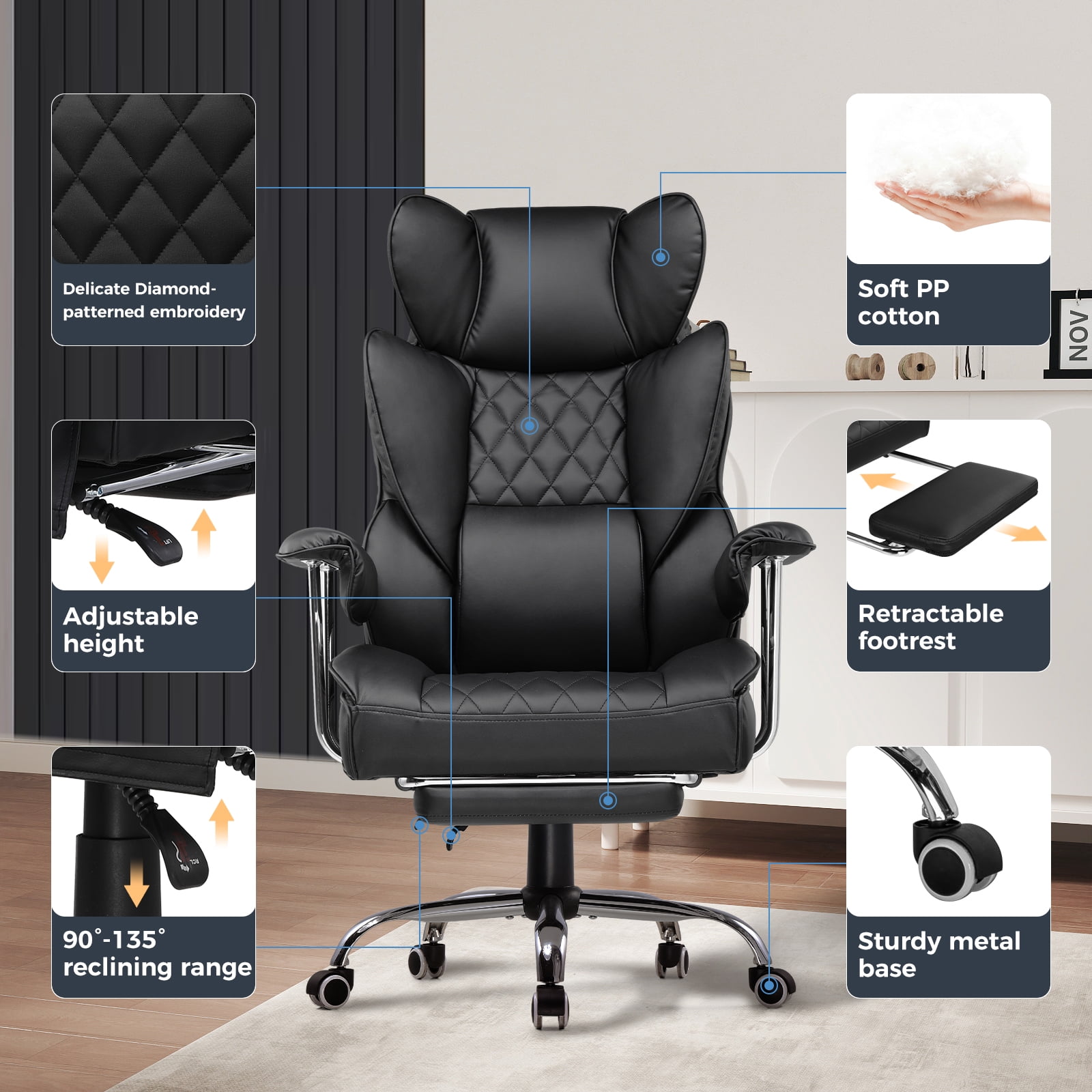EXRACING Ergonomic Big and Tall PU Leather Gaming Chair with Footrest, Black