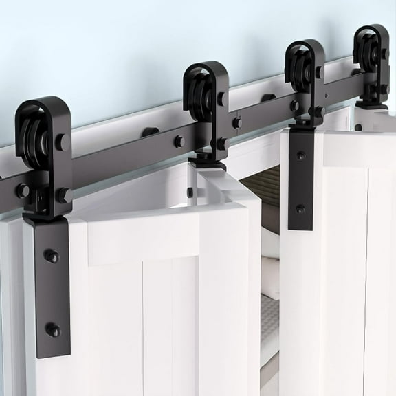 52" Bi-Folding Sliding Barn Door Hardware Track Kit for 4 Closet Door, Heavy Duty Bi Fold Barn Door Hardware Fit Four 12” Bi-Folding Doors, Side Mounted Roller, Smoothly Quietly Easy Install, No Door
