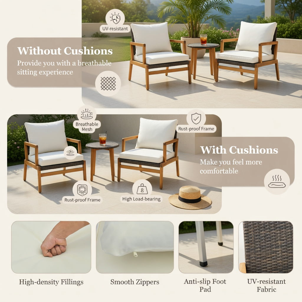 Hommoo 3-Piece Outdoor Patio Furniture Set, 2 Cushioned Rattan Chairs + Tempered Glass Side Table, PE Rattan & Polyester Cushions, Acacia Wood & Metal Frame, Brown