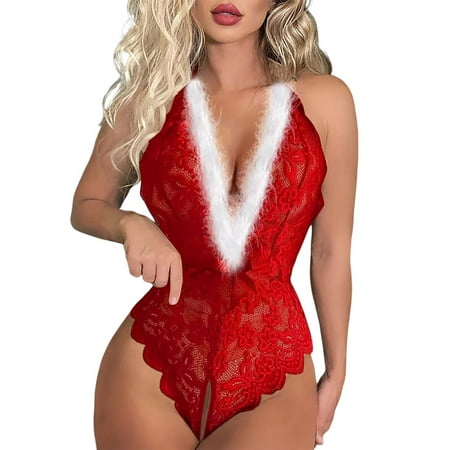 WELOIJEVBE Lingerie for Women Bodysuit Underwear Pajamas Sleepwear Teddy Women Lingerie Jumpsuit Lace Sexy Christmas Lingerie