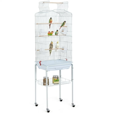 SMILE MART 64" Large Rolling Metal Bird Cage with Open Top, White