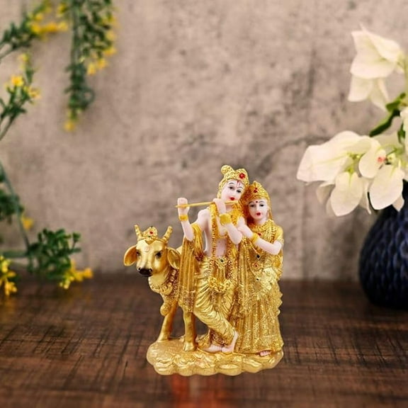Shree Radha Krishna Idol - Gold Murti Statue Decor, Ganesh Pooja, Office,car Dashboard, Mandir, Table Showpiece, Wedding & Gift, Decorative Figurines (Small,16 cm) 1 Pcs