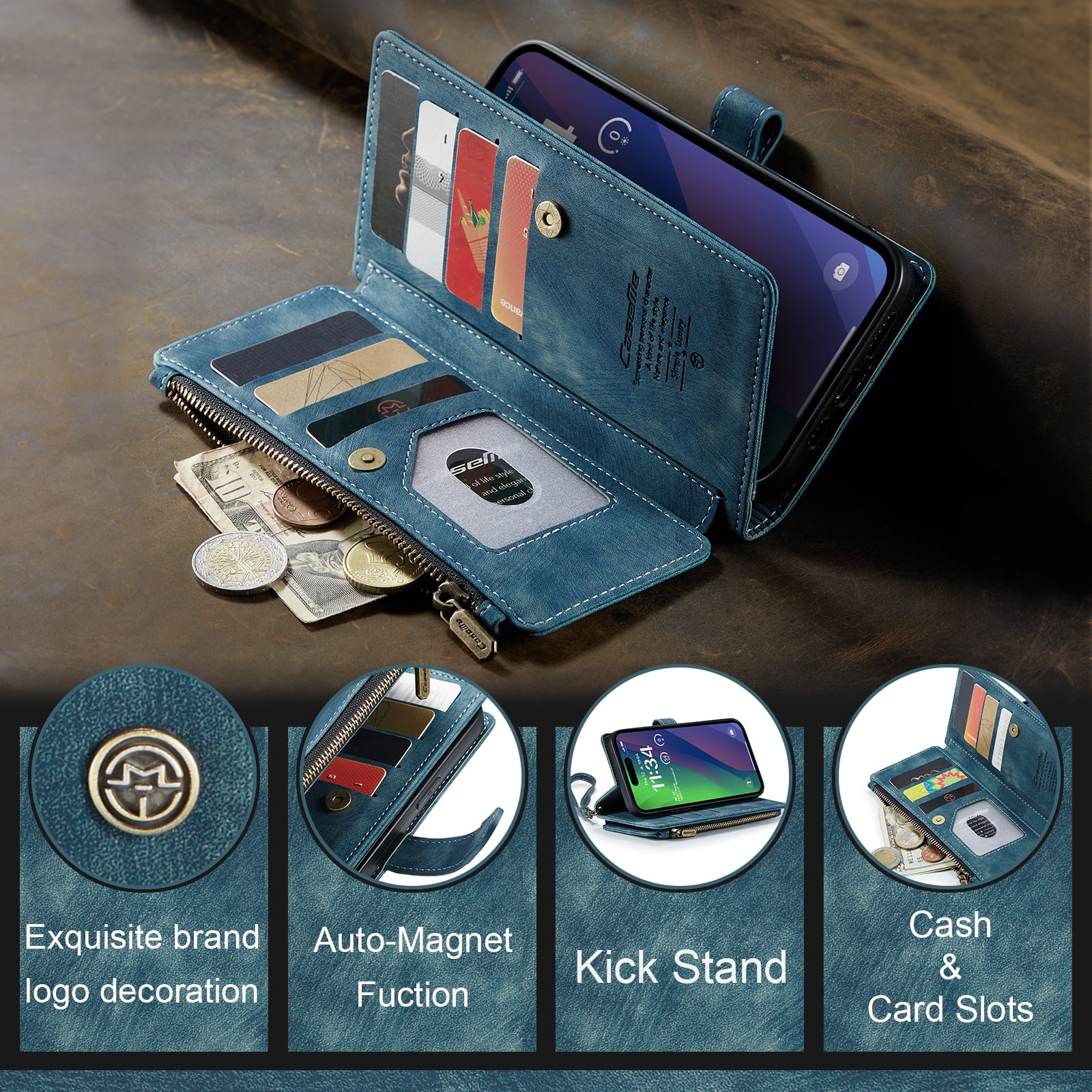Dteck for iPhone 15 Plus Case with Card Holder, Premium iPhone 15 Plus Wallet Case for Women Men, Heavy Duty Durable PU Leather With Flip Zipper Pocket Phone Case w/ Wrist Strap Lanyard,Blue