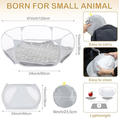 Hamster Playpen with Mat Small Animal Cage Tent Breathable Transparent Guinea Pig Playpen Waterproof Portable Yard Fence Mat Foldable Exercise Playpen Outdoor Indoor (Gray,Star)