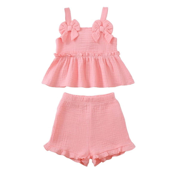 KIMI BEAR 18 Months Infant Baby Girl Summer Outfit Set 24 Months Ruffle Sleeveless Off the Shoulder Solid Color Top Shorts 2pcs Clothing Pink
