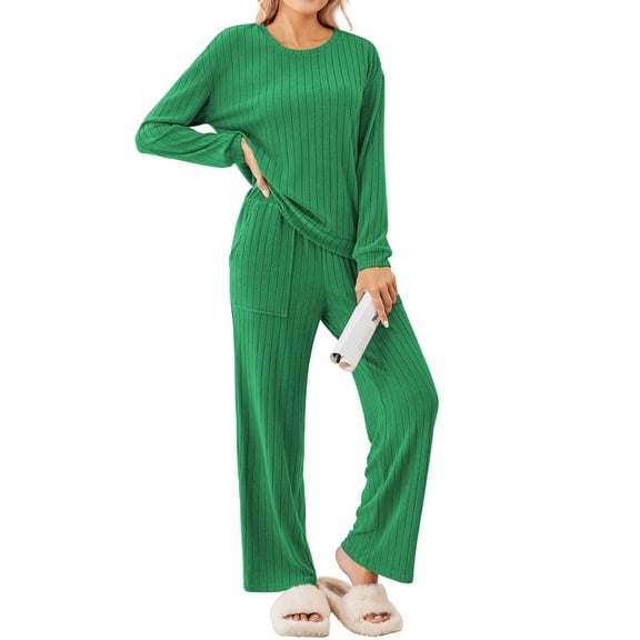Ekouaer Lounge Sets for Women Ribbed Knit Pajama Sets 2 Piece Long Sleeve Pjs Soft Loungewear Outfits with Pockets