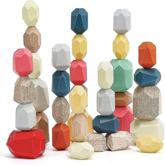36 Pieces Wooden Building Blocks Toddler Educational Toys Preschool Learning Game Balance Stone Wood Structure Rock Set Gift 3-6 Years Old