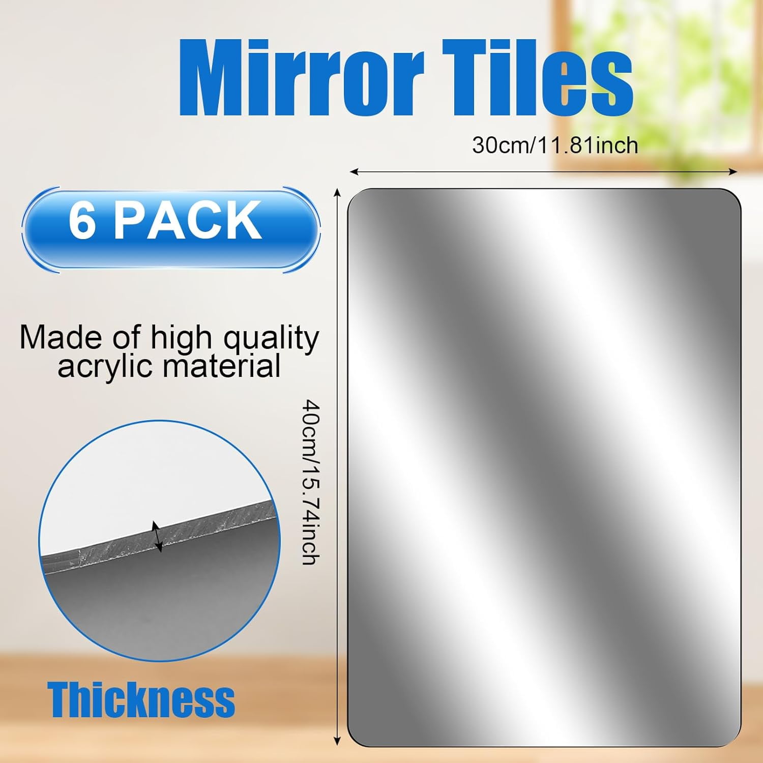6 Pack Self Adhesive Acrylic Mirror Tiles, 12 x 16 Inch, Flexible Sheets, Frameless Wall Stickers, Non Glass for Bedroom Bathroom Home Decor, 2MM Thick