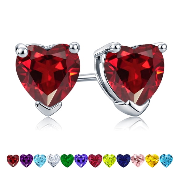 JeenMata Gorgeous 1.5 Carat Heart Cut - Garnet - January Birthstone Solitaire Stud Earrings in 18K White Gold Plating over Silver