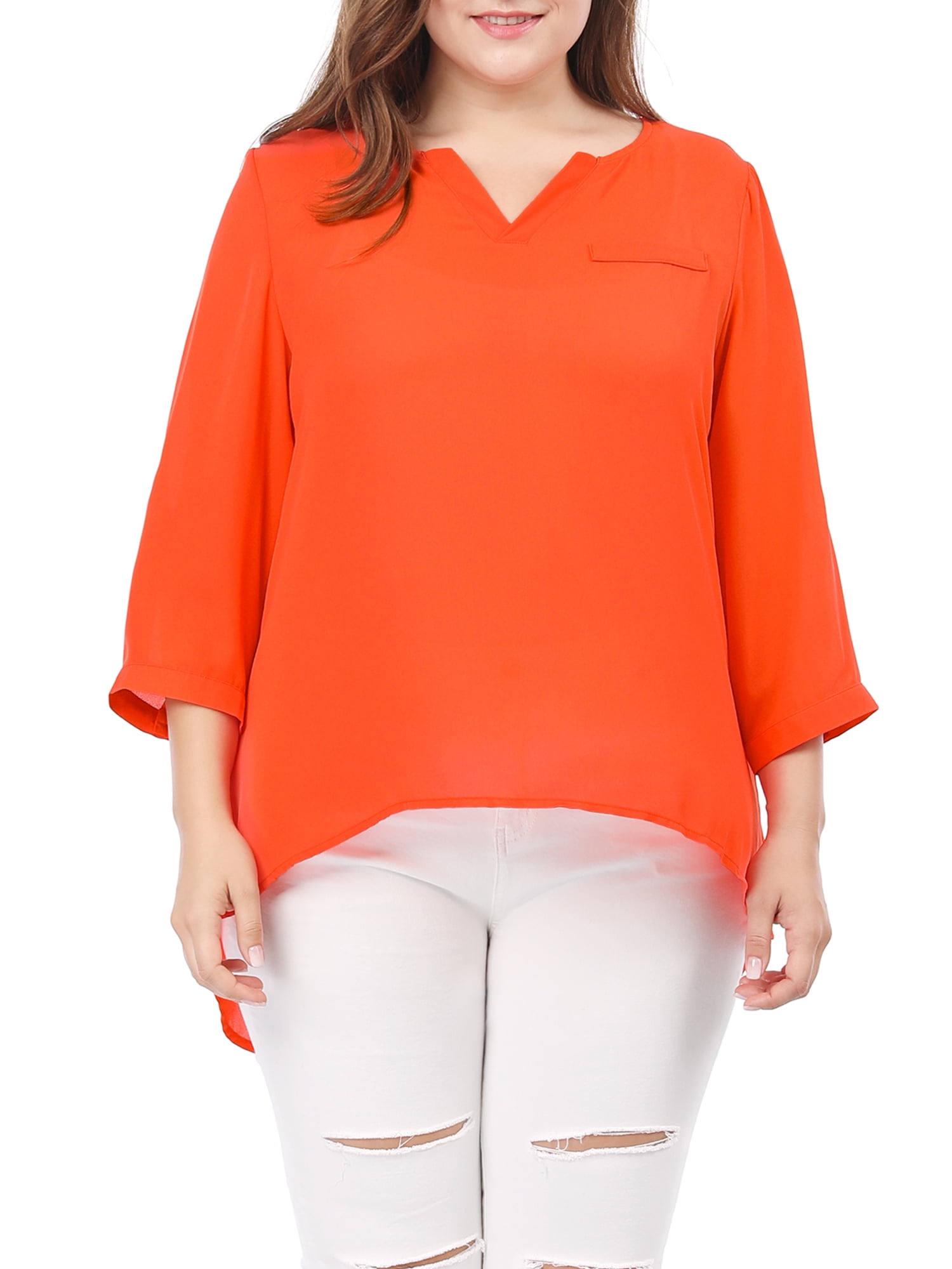 Unique Bargains Women's Plus Size V Neck High Elbow Sleeves Blouse 1X Orange