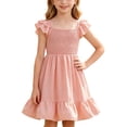 thumbnail image 6 of Girls Ruffle Sleeve Dress Ribbed Knit Top A-Line Casual Dress Kids Summer Dress Pink Size 5-6 Years, 6 of 7