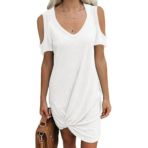 Gspmoly Womens Dress, Women Fashion Round Neck Strapless Solid Short Sleeve Dress Casual Loose Dress Cocktail Dress Holiday Gifts