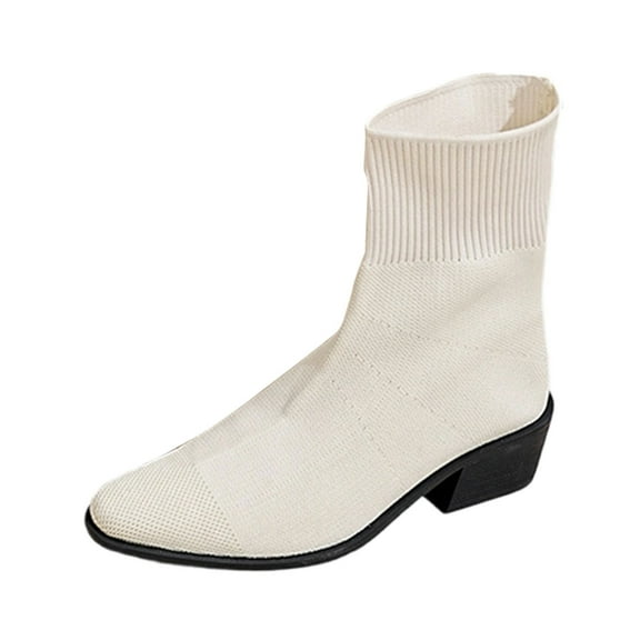 Beige Ladies Stylish Casual Winter Temperament Commuting Thick Heeled Boots With Knitted Socks Boots Pointed Thick Heeled Shoes And Easy Wear