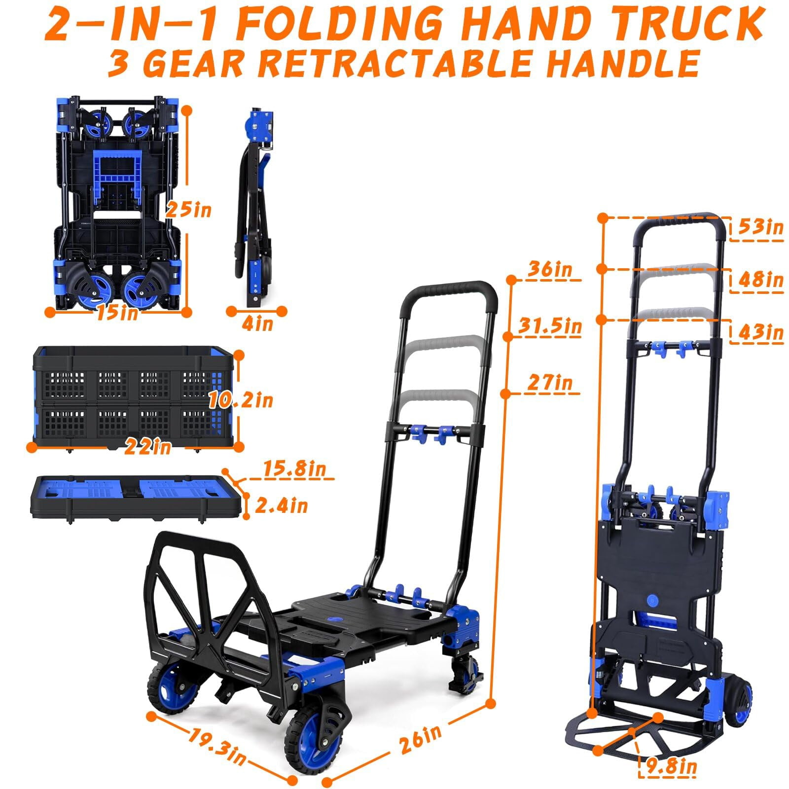 2-in-1Hand Truck Dolly with Folding Basket, Dolly Cart with 4 Wheels, Wagons Carts Foldable with Retractable Handle, Foldable wagon for Moving, 330LBS Capacity, Blue