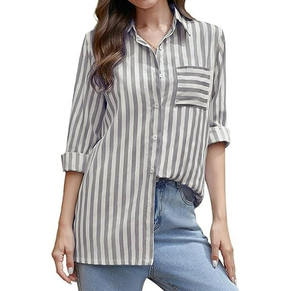 Scacto Women's Striped Button Down Shirts Casual Long Sleeve Stylish V Neck Blouses Tops with Pockets