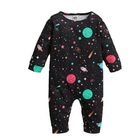 

NZRVAWS Baby Boys Romper Jumpsuit Onesies Bodysuit Long Sleeve Planet Print Round Neck Romper 0-3 Months Black
