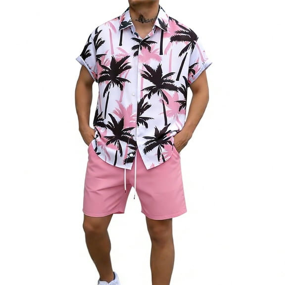 JAJAHO Mens Hawaii Lightweight Casual 2 Piece Outfits Short Sleeve Button Down Collared Shirt And Shorts Set Summer Beach Vacation Stylish Outfit