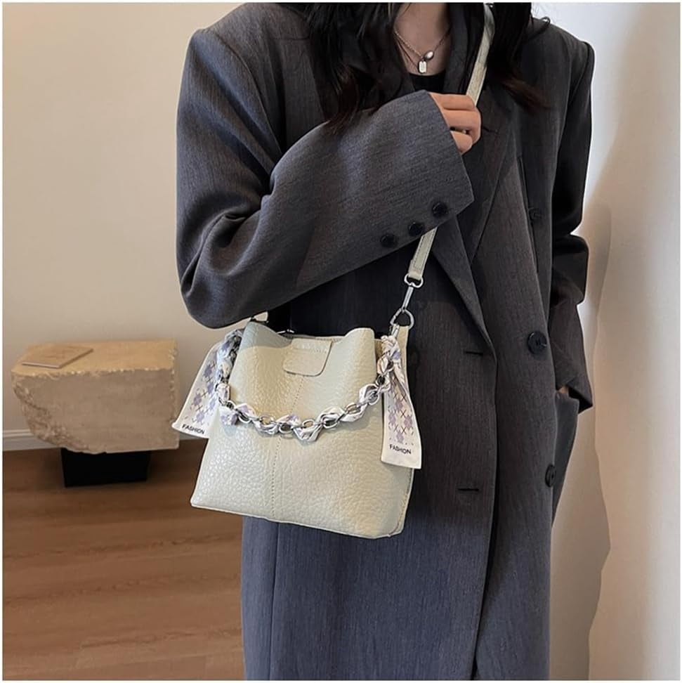 Leather Bucket Bag with Thick Chain for Women Hobo Bucket Bags and Purses Casual Crossbody Shoulder Bucket Handbag