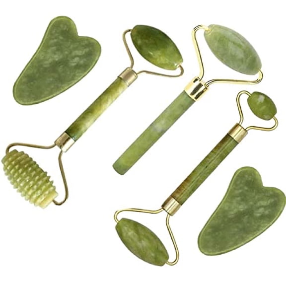 Jade Gua Sha Facial Massager Set - 5 in 1 Skin Care Tools with Roller and Massager