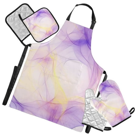 

5-Piece Kitchen Apron Set with Heat-Resistant Gloves & Insulation Mats for Cooking Baking BBQ Light Purple and Yellow Abstract