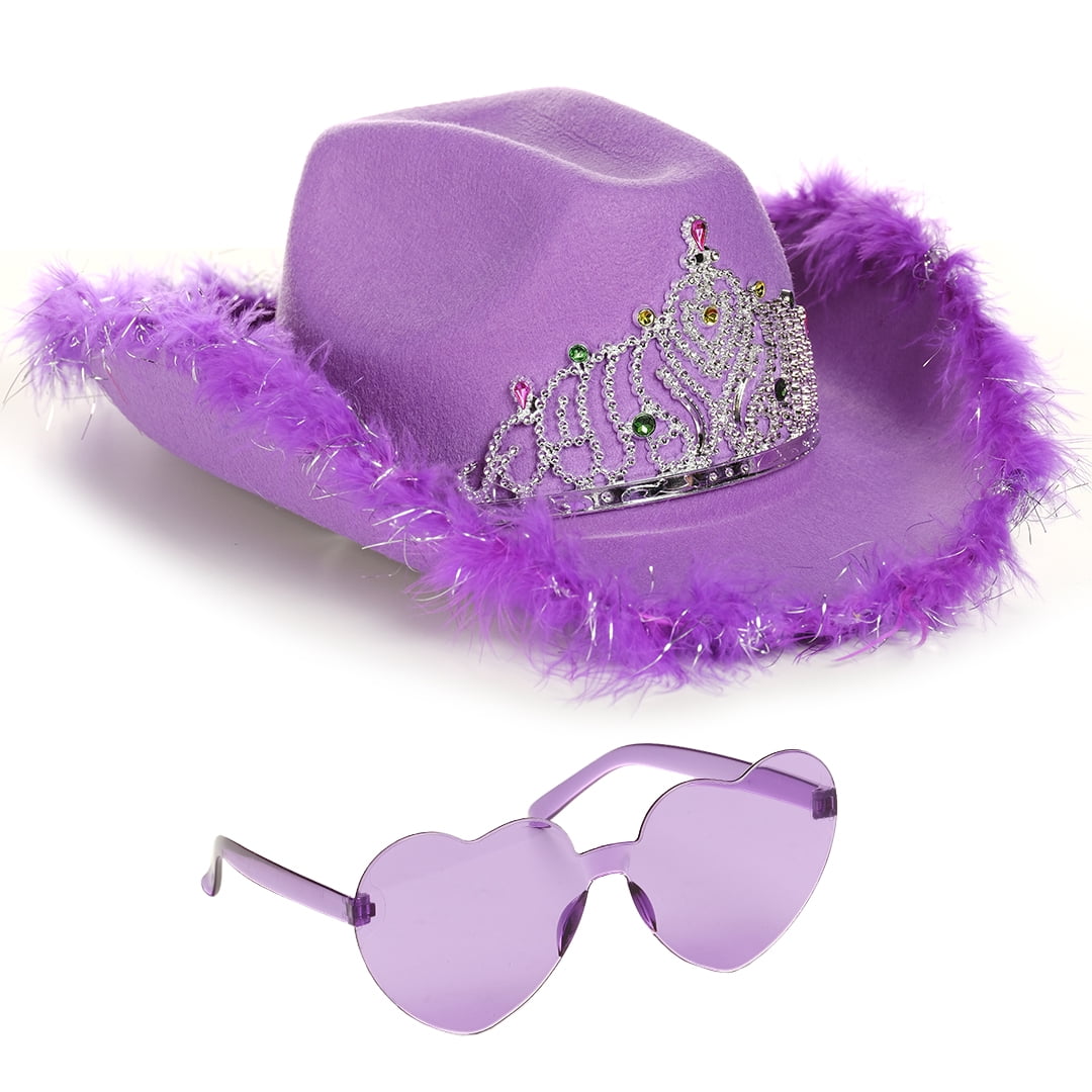 Funcredible Purple Cowgirl Hat with Heart Glasses - Purple Cowboy Hat with Tiara Crown - Halloween Cow Girl Costume Accessories - Fun Rodeo Party Hats and Goggles for Women, Girls and Kids…