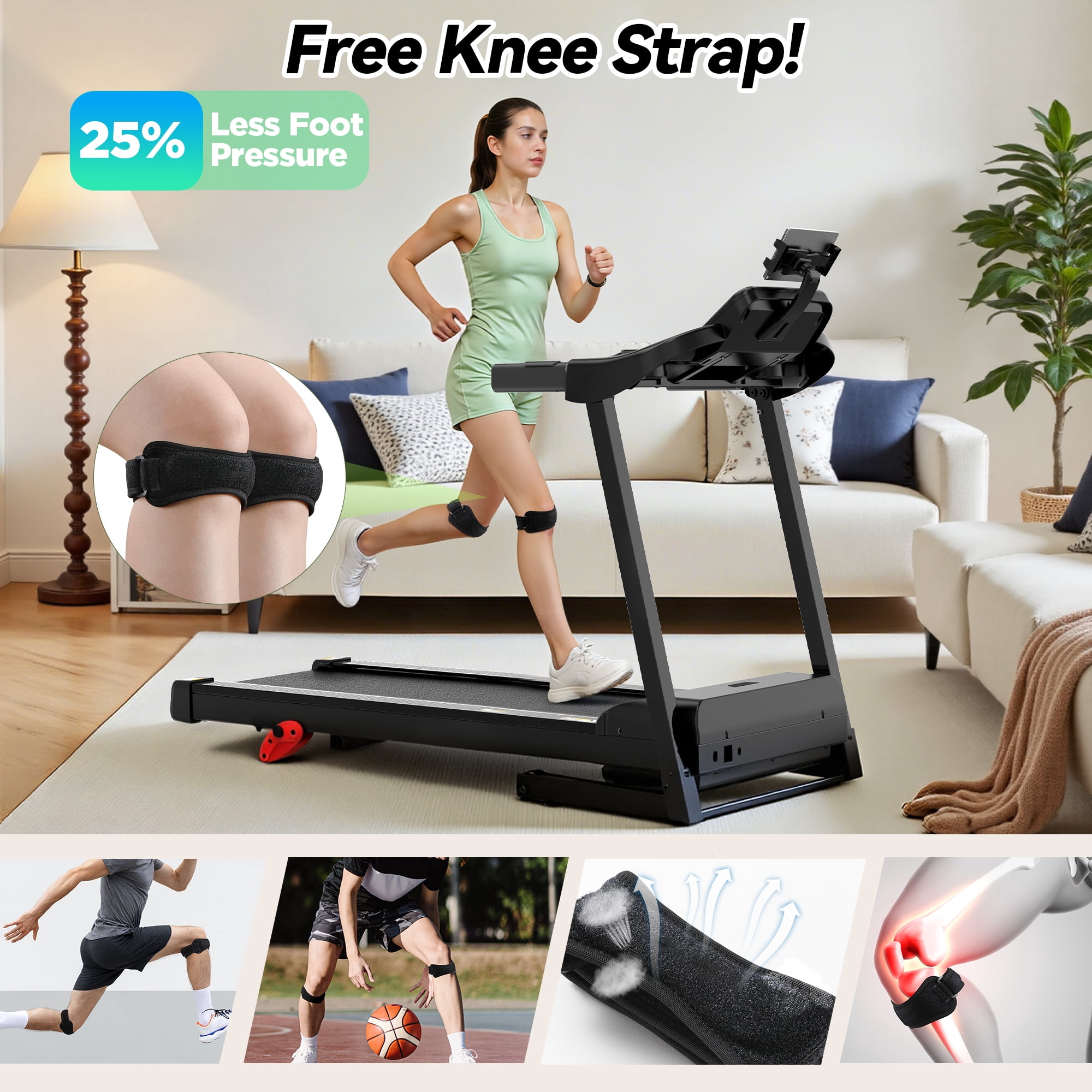 Treadmill for Home with 3-Level 9% Incline, Foldable Treadmill for Home Small Office, Compact Portable Running Treadmill with Handle,Digital LCD Display, APP Control, 300 lbs Capacity