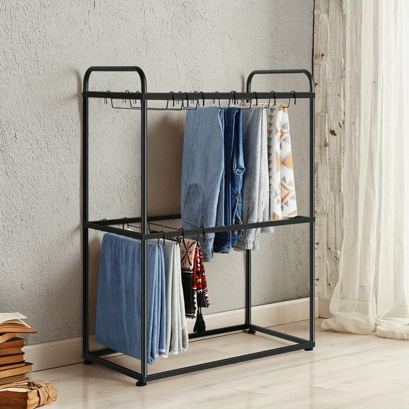 Heavy-Duty Freestanding Pants Rack with 26 Hanging Hooks - Sturdy Metal Clothing Organizer Space-Saving Wardrobe Storage for Pants Dresses Coats