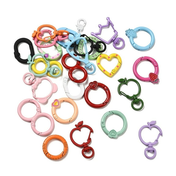 Spray Painted Alloy Clasps Set Including Swivel Snap Hook Clasps and Spring Gate Rings for Keychain Mixed Shapes Mixed Color 17~48x10~26.5x4~7mm Hole: 2.5~9mm