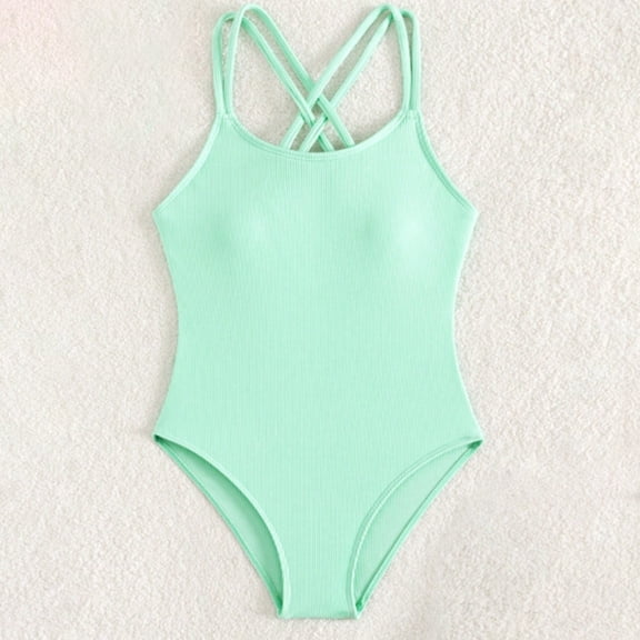 HOWPAY Girls One Piece Swimsuits Criss Cross Spaghetti Strap Quick Dry Solid Color Comfy Bathing Suit Summer Sun Beach Sport Swimwear Mint Green