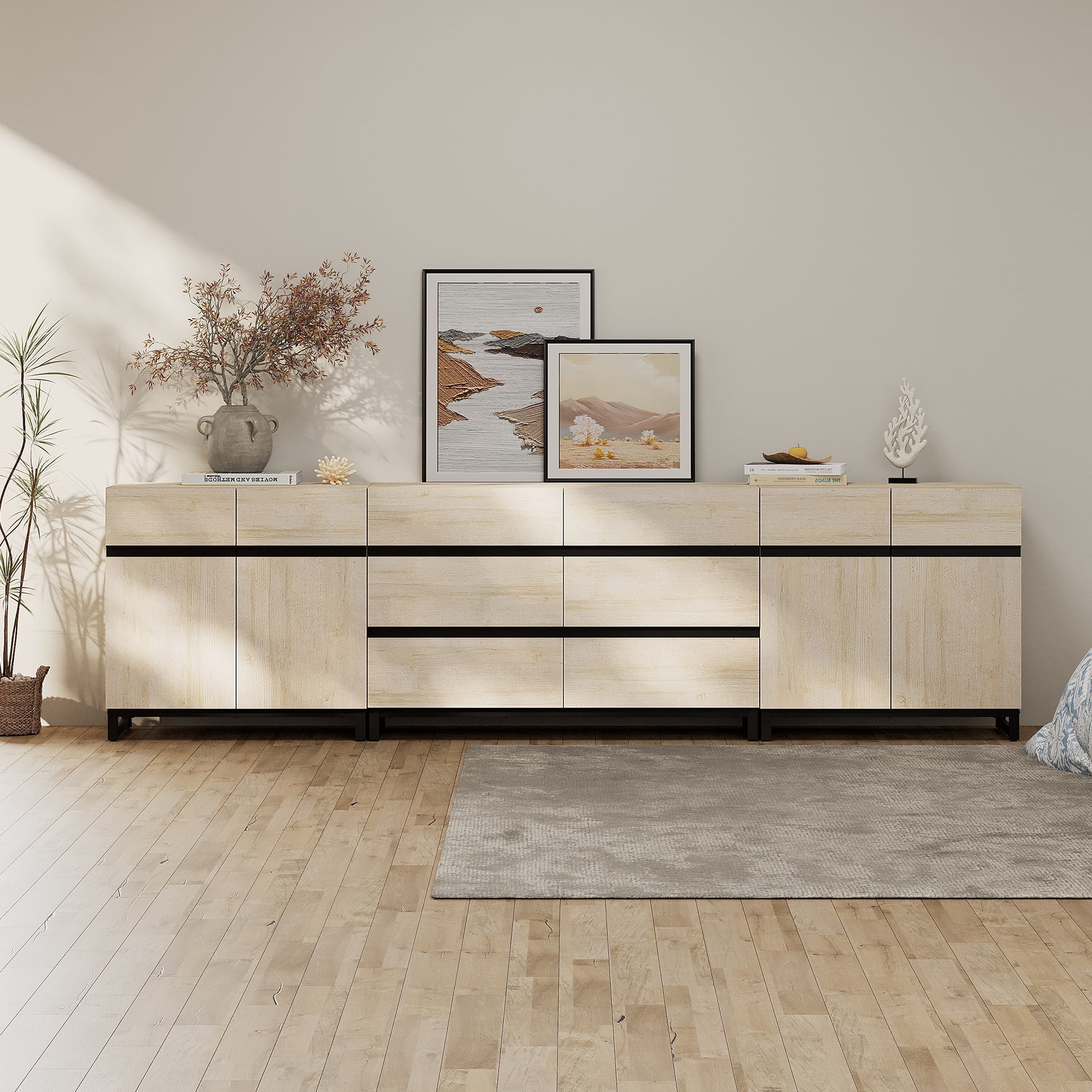 WAMPAT Modern Sideboard with Adjustable Shelves, 3 in 1 Storage Cabinet, Coffee Bar Cabinet for Living Room, Kitchen, Beige