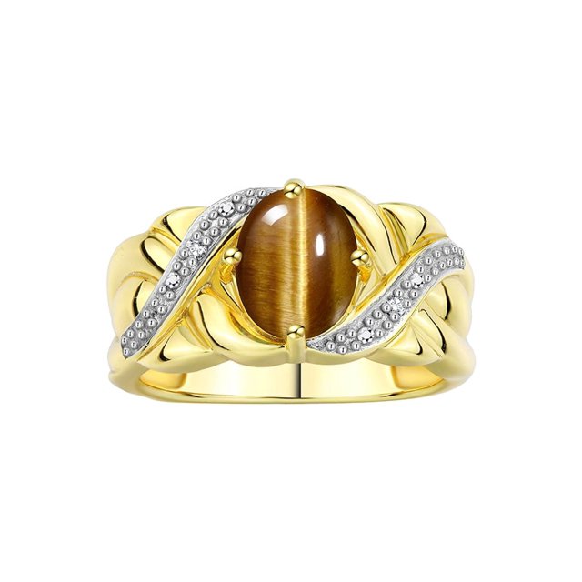 RYLOS Bagues pour Femmes Bague en Or Jaune 14K Classique Pierre Précieuse Ovale 9x7 mm et Diamants Bijou Oeil de Tigre Taille 5