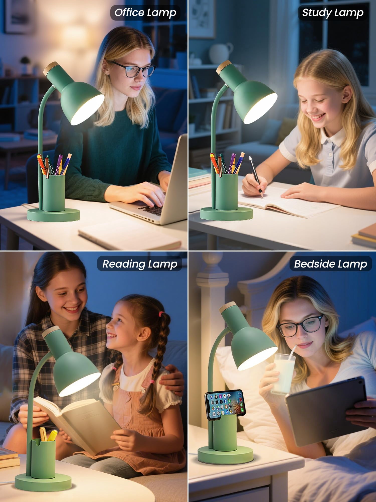 Led Desk Lamp For Home Office  Table With Pen Holder 3 Color Modes Reading Light Eye-caring Gooseneck Metal Study Dorm Bedside Bedroom (green Lamp)