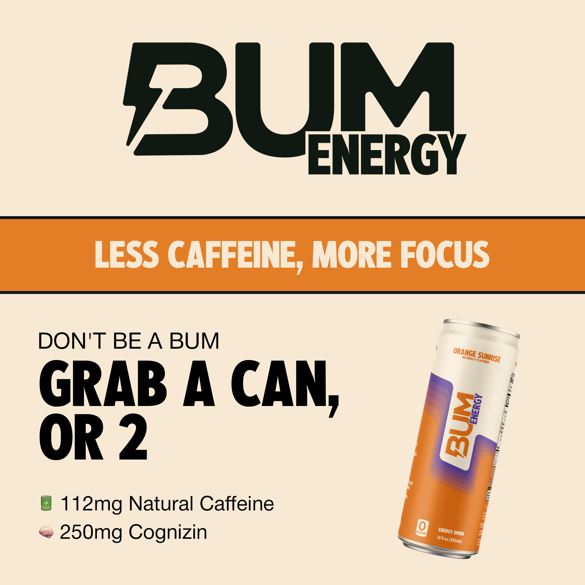 Bum Energy Orange Sunrise Energy Drink, 112 mg Natural Caffeine, 12 fl oz Can
