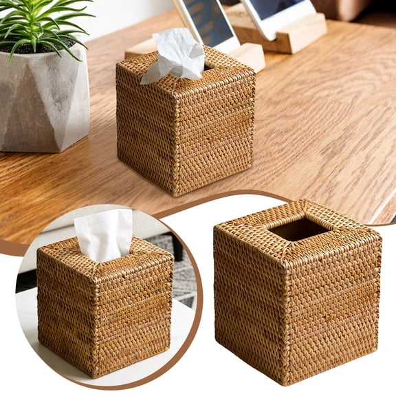 Wicker Tissue Box Cover Holder - Natural Rattan Woven Square Boho Decorative Organizer for Facial Napkins in Bathroom, Living Room, Kitchen & Desk Decor (1-4PC)
