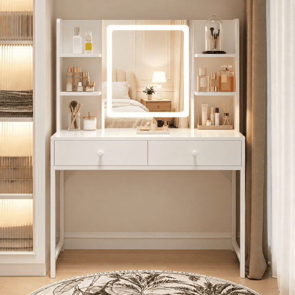 White Vanity Desk, Lofka Makeup Vanity with 20 x 25.5 Inch Lighted Mirror, 3-Color Dimmable Makeup Vanity Set with 2 Drawers and Stool