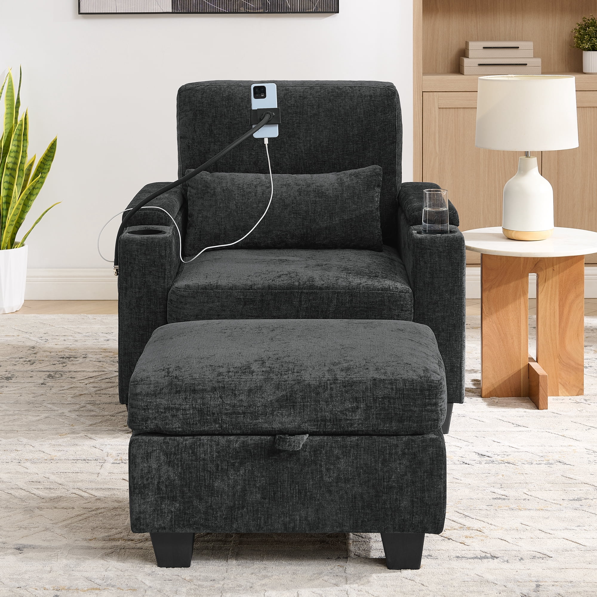 Recliner Chair with Adjustable Backrest, Cup Holders, USB Charging Port, Phone Stand, Arm Storage and Storage Ottoman
