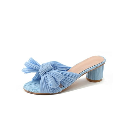 

Rockomi Women Heeled Sandal Bow Casual Shoes Chunky Block Sandals Womens Lightweight Elegant Heels Comfortable Ankle Strap Dress Shoe Slip On Blue 5.5