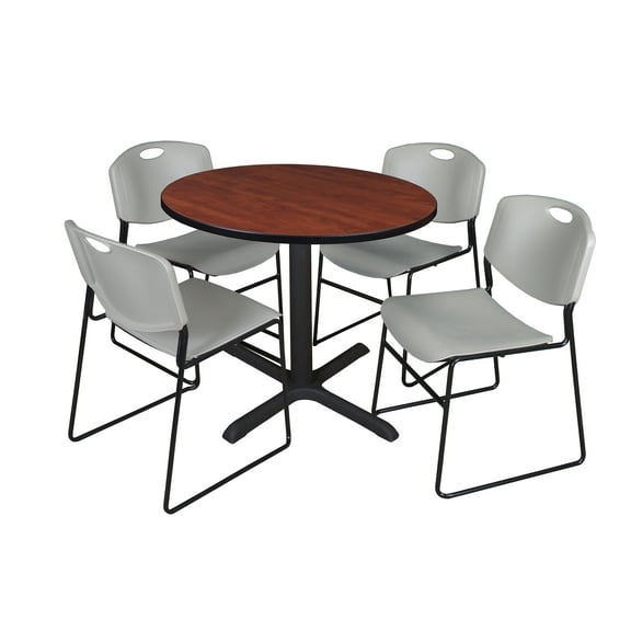 Romig Pillar 42 in. Round X-Base Breakroom Table- Cherry & 4 Zeng Stack Chairs- Grey