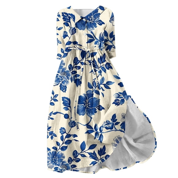 Women's 3/4 Sleeve Spring Summer Tea Length A Line Dress Lapel V Neck Button Flowy Fall Dress Floral Boho Clearance Workout Fashion Elegant Casual Drawstring Blue XXL