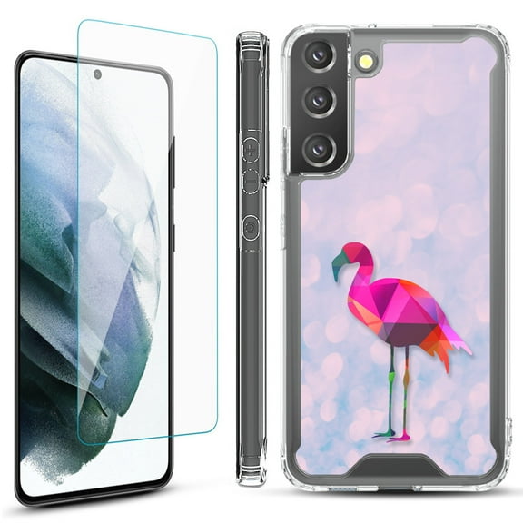 Shockproof Bumper Phone Case for Samsung Galaxy S22  / S22 Plus 5G, with Tempered Glass Screen Protector, by OneToughShield ® - Flamingo / Polygon