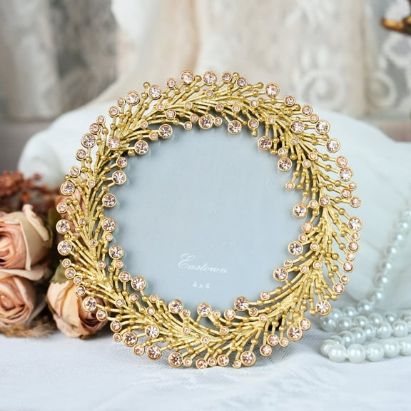 Luxury Vintage 3x3 Round Gold Picture Frame with Rhinestone Accents – 4x4 Inch Decorative Tabletop Frame for Home Décor, Wedding, or Gift